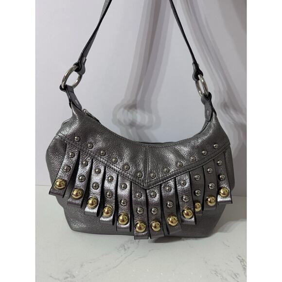 B. Makowsky Purse 100% Leather, Pewter Metallic, Metal Studs, Adjustable Strap - Picture 1 of 14